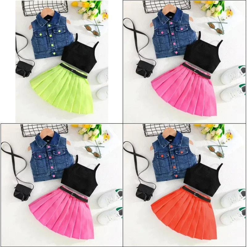 Girls Denim Vest Cami Top Bright Pleated Skirt 3Pcs Set Kid Preppy Style Back To School Summer Camp Outfit Academy Uniform ZYD47