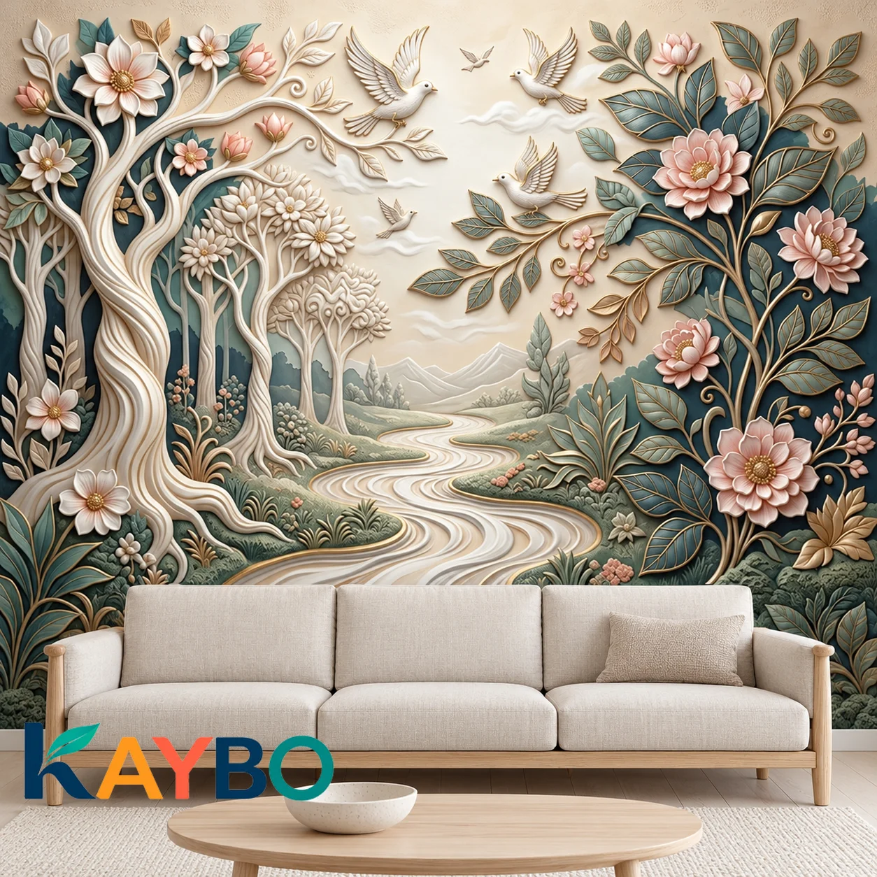 3D Forest Wallpaper Mural Floral Tree Sculpted Relief Birds River Teal Gold Wall Decor for Living Room Bedroom Non Self Adhesive