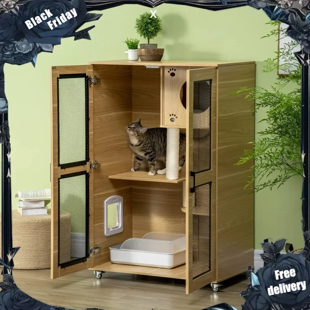 Luxury Cat House with Wheels, Kitty Cage Catio Villa for Indoor Cats with Scratching Posts, Condo, Flap Door, Cushion