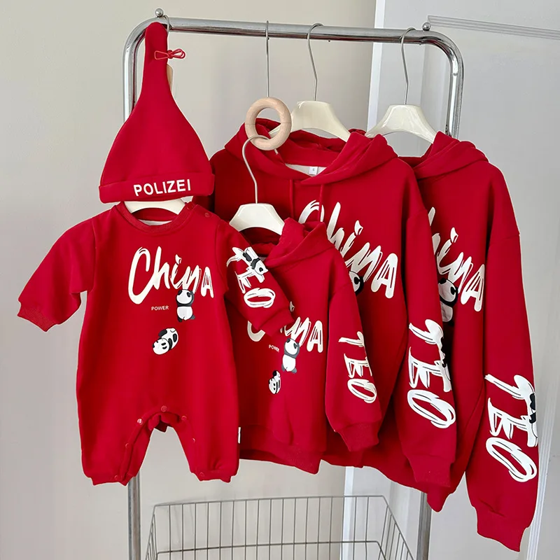 

China Red Family of Four Hoodies Baby Romper for Father Mother Daughter Son Clothing Adult Kids Panda Print Hooded Sweatshirt