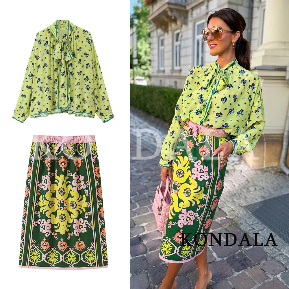 KONDALA Damen Schickes Boho-Set mit bedrucktem Hemd und Rock, Schleifenhemd, Midirock mit elastischem Bund, 2026 Frühherbst, schickes, elegantes Gartenparty-Set – Detail 3