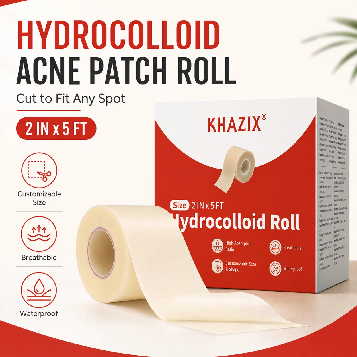 Hydrocolloid Acne Patch Roll Cut-to-Size Pimple Patches for Face Blemish Care Waterproof Breathable 2in X 5ft 1 Roll Value Pack.
