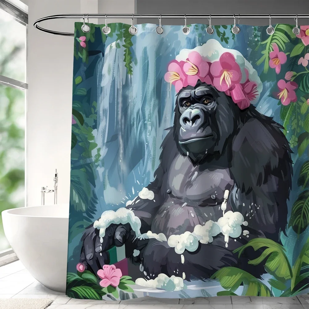 Fun Bathing Monkey Shower Curtain for Bathroom Decor, Unique Design Animal Bathroom Bath Curtain , Polyester Fabric Home Curtain
