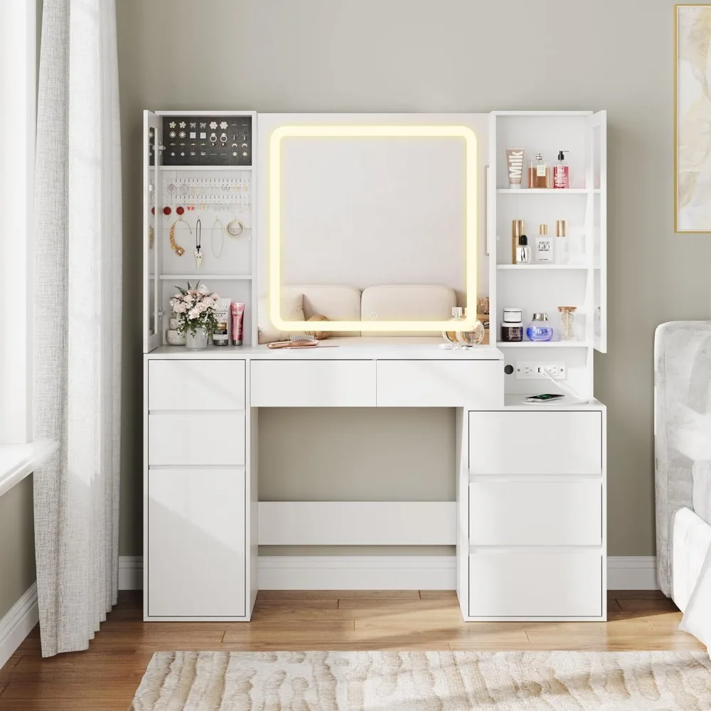 Makeup Vanity Bureau met spiegel en verlichting, witte make-uptafel met 7 lades en 3 kasten, make-upbureau met laadstation