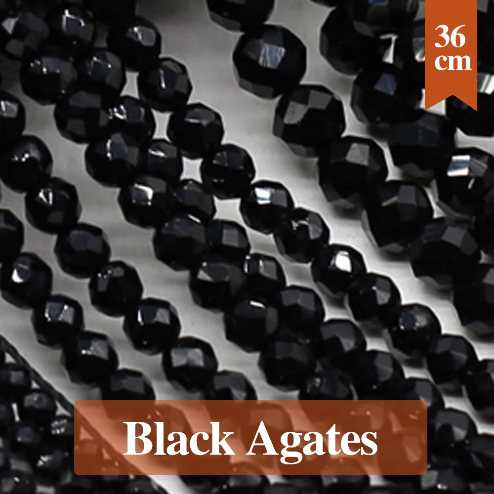Contas de ágata preta natural facetada, pedra natural redonda, espaçador solto, frisado para fazer colar de joias diy, pulseira 2mm 3mm 4mm