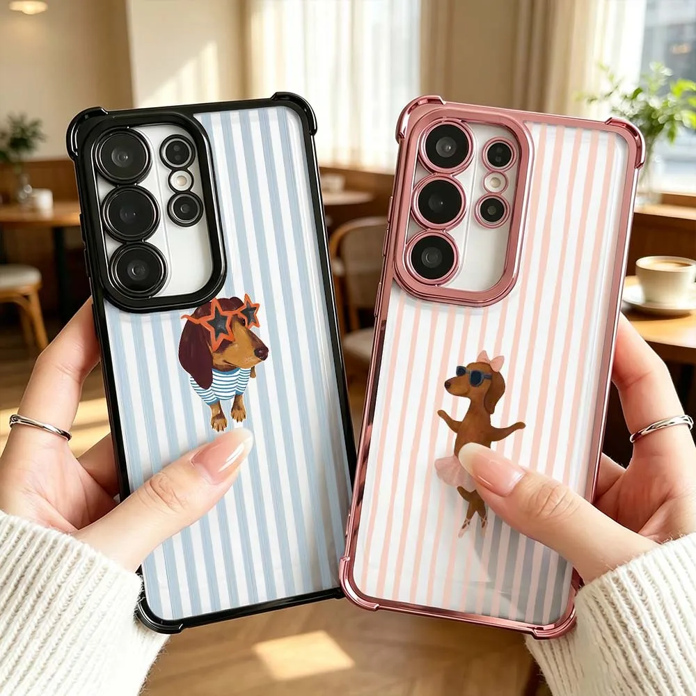 Cute Striped Dachshund For Samsung Galaxy S26 S25 S24 S23 S22 S21 Ultra FE Plus Electroplating Anti Fall Phone Case