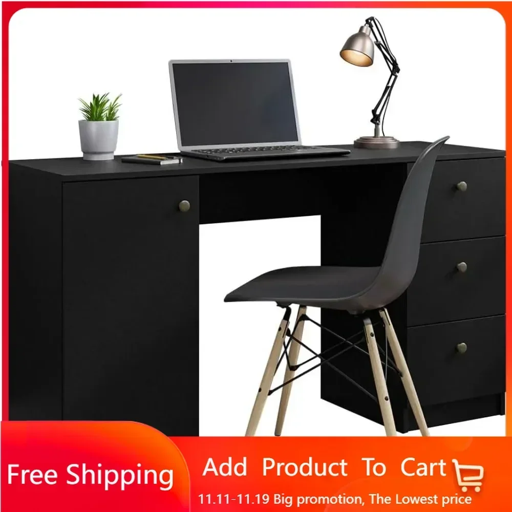 

Executive Computer Writing Desk 53 Inch with 3 Drawers and 1 Door, Metalic Handles Wooden Home Office PC Study Table