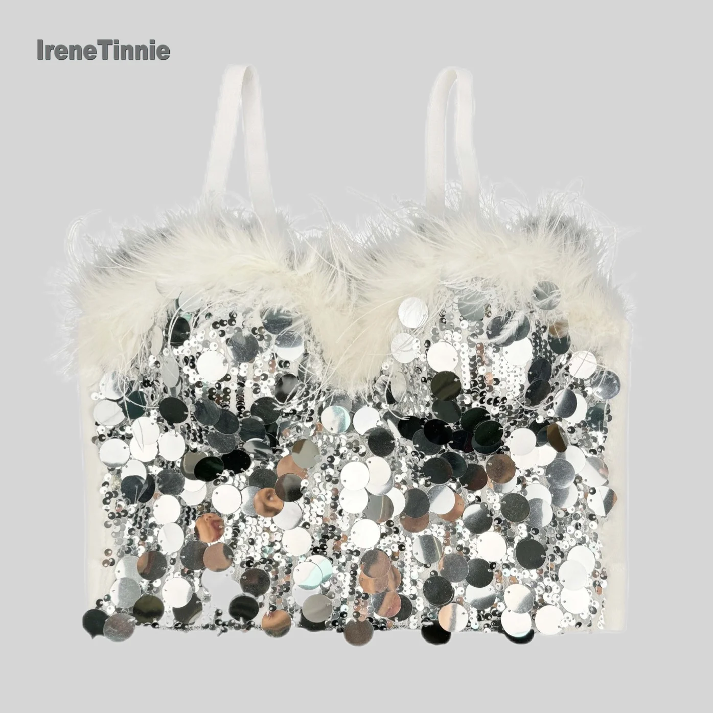 IRENE TINNIE-Short Crop Top With Sequin Bead Bustiers Sexy Corset Silver Feather Tank Top Women's Binder Bra, 2025 New Fashion