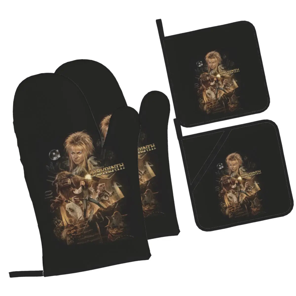Return To Thra Labyrinth Movie Oven Mitts and Pot Holder Sets of 4 for Baking Kitchen Cooking BBQ Resistant Non-Slip Gloves