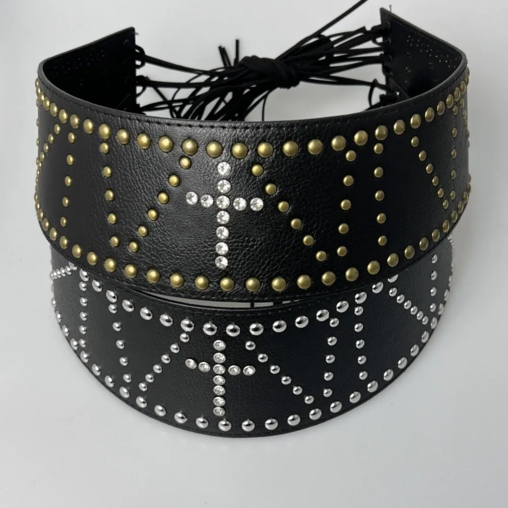 

Модный винтажный кожаный ремень с крестообразными заклепками, широкий, прочный, черный, в стиле Y2K, женский поясной ремень, аксессуар для платья