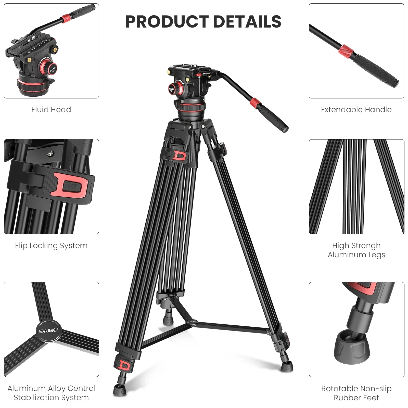 EVUMO DF6 Professional Photography Tripod Stand Aluminium Alloy Panorama Head Payload 10kg for Camera Camcorder Fluid Video Head