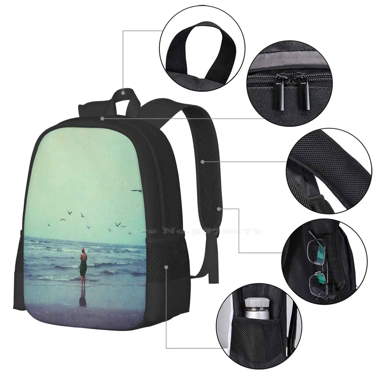 Mochila padrão de moda para as mulheres, saco de viagem, laptop, escola, praia, oceano, litoral, paisagem, mar