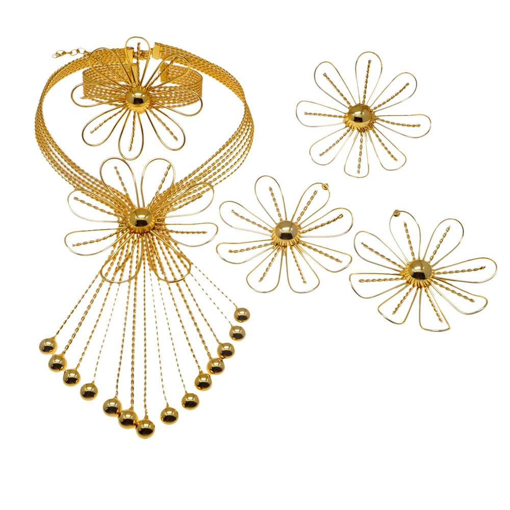 Yulaili Brazilian Gold Plated Metal Jewelry Set Fringe large flowers High-end elegant lady engagement jewelry birthday party gif