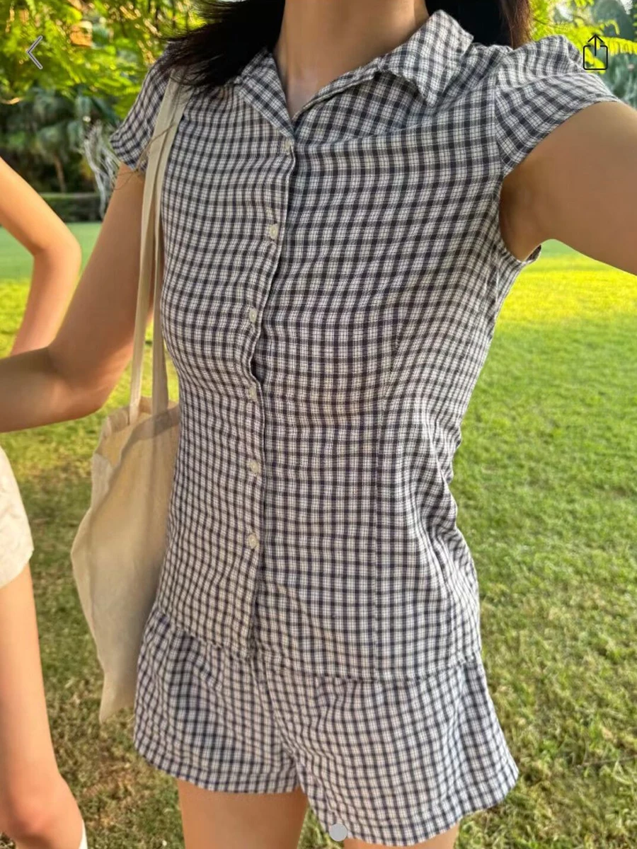 Navy Plaid Bluse Shorts 2-teilige Sets Frau Revers Kurzarm T-Shirt + Kordelzug Sweatshorts Vintage süße Baumwolle Slim Sets