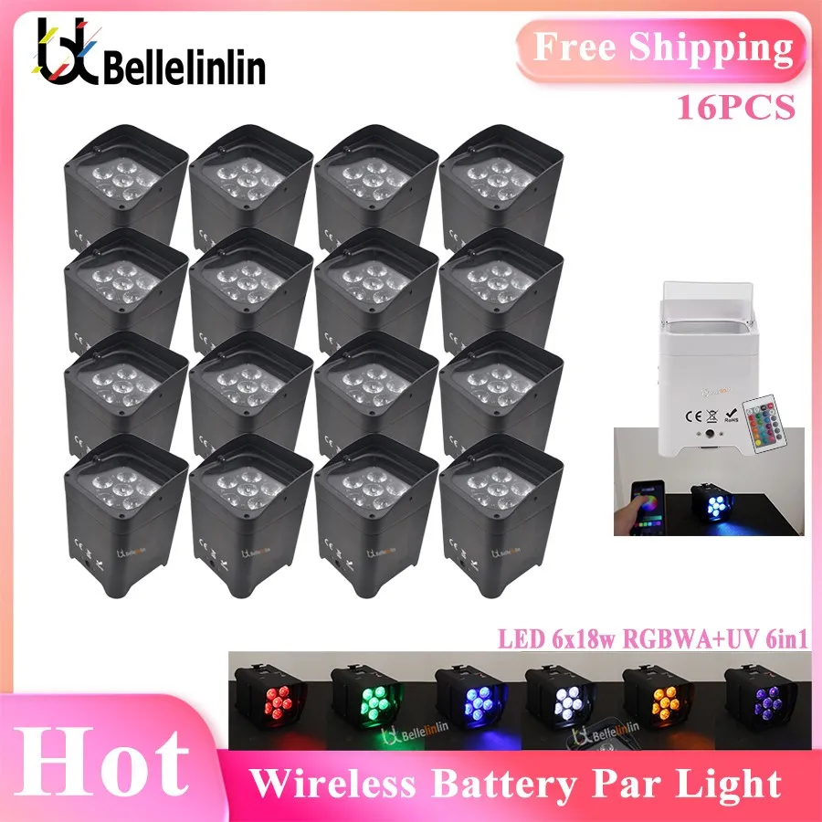 

No Tax 16pcs Wireless Battery Powered Portable 6x18W 6in1 Led Par Light RGBWA+UV Slim Par Can With IRC For Wedding Decoration