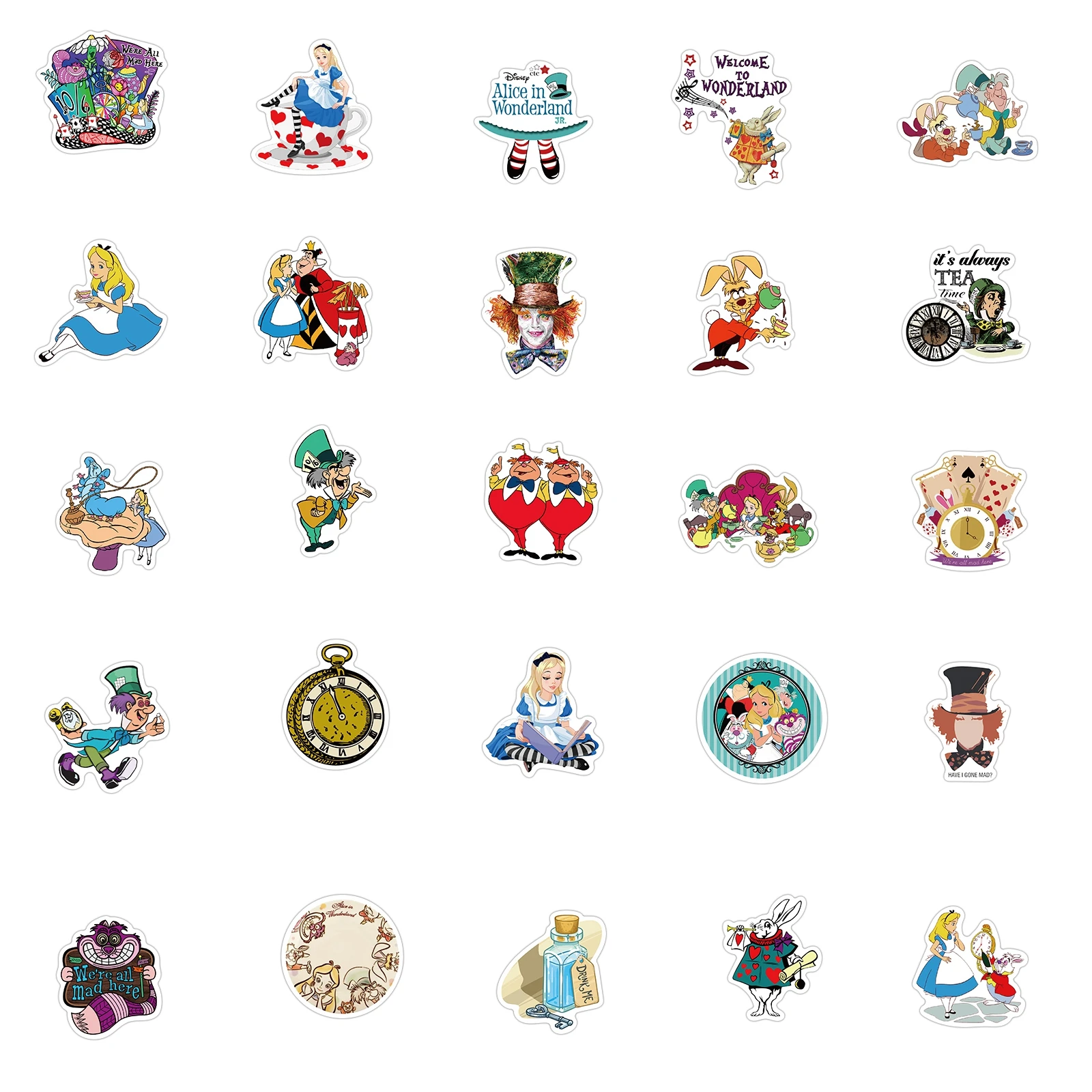 50pcs Disney Movie Alice in Wonderland Cartoon Stickers For Laptop Phone Luggage Guitar Fridge DIY Kid Toy Waterproof Sticker