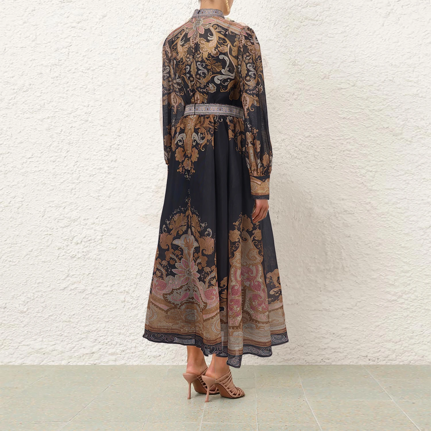 

2025 Australia New Vintage Paisley Silk Linen High Collar Long Sve Long f Skirt with Strap Women's Profional Suit Set