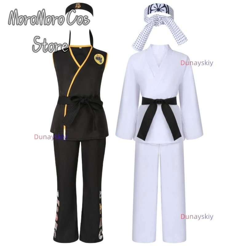 Kimono de Taekwondo KOF Cobra Kai en Blanco y Negro, Disfraz de Karate Kids, Uniforme con Diadema, Traje para Fiesta de Halloween