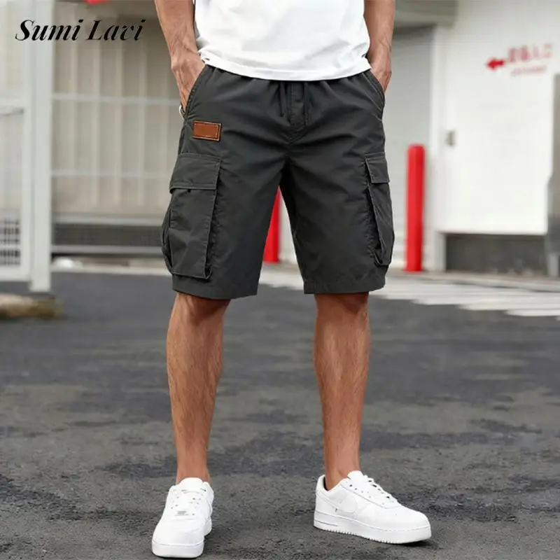 

Модные свободные брюки с несколькими карманами для мужчин, весна-лето, винтажные однотонные шорты-карго на шнурке, повседневные мужские шорты