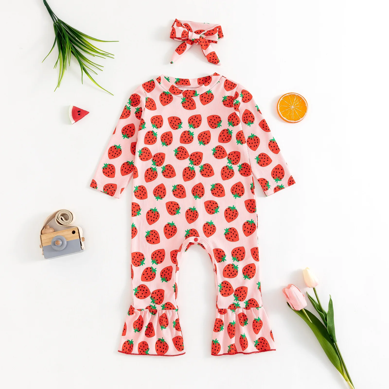 Baby Girl Long Sleeve Strawberry Print Romper with Headband Infant Clothing Set Cute Kids Outfit with Hat Included