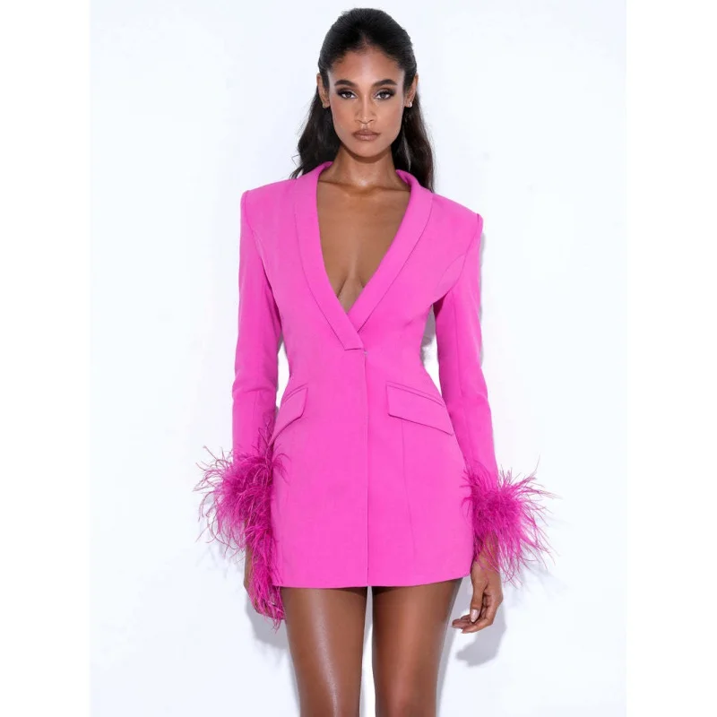 Feather suit jacket dress stitching sequined slit hip skirt deep V-neck feather cuff dress original