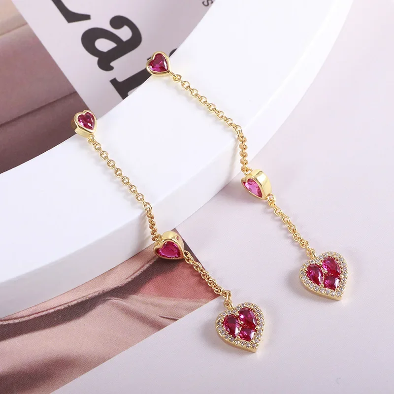 European And American Jewelry Wholesale Sweet Red Love Tassel Chain Peach Heart Long Earrings