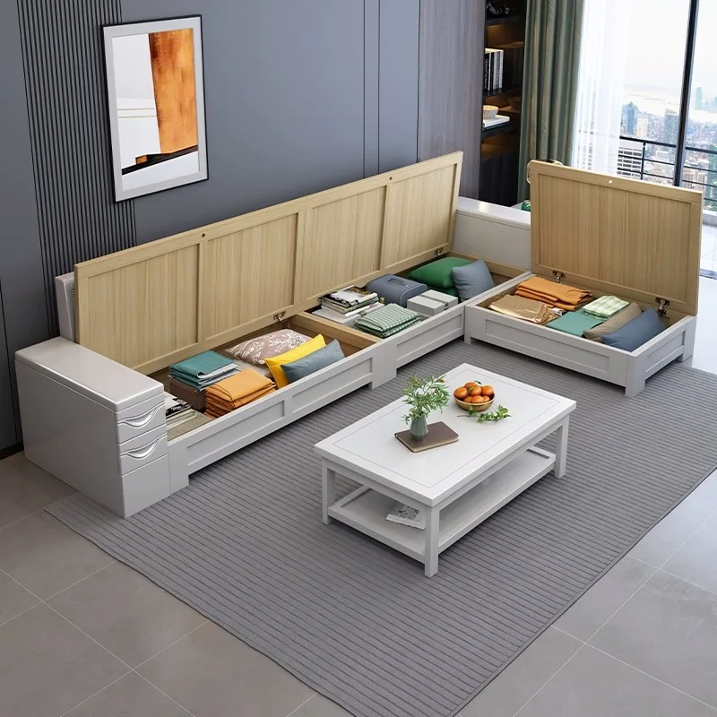 Modern simple all-solid wood sofa living room combination white winter and summer high box storage concubine position