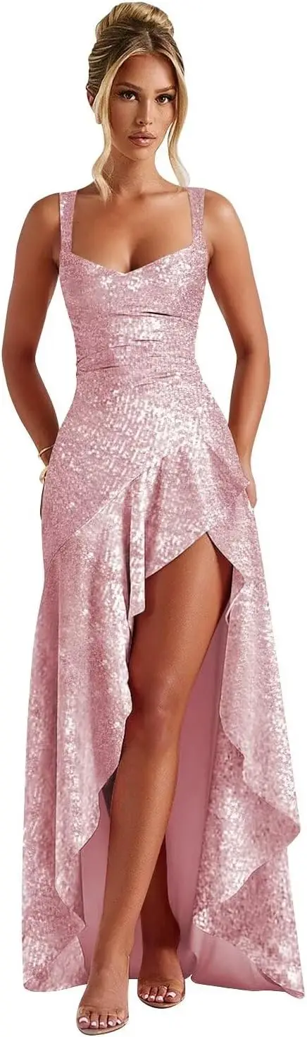 

Sequin Ruffles Prom Dresses for Teens Hi-Low A Line Cocktail Dresses for Women Evening Dress Graduation Party Dress