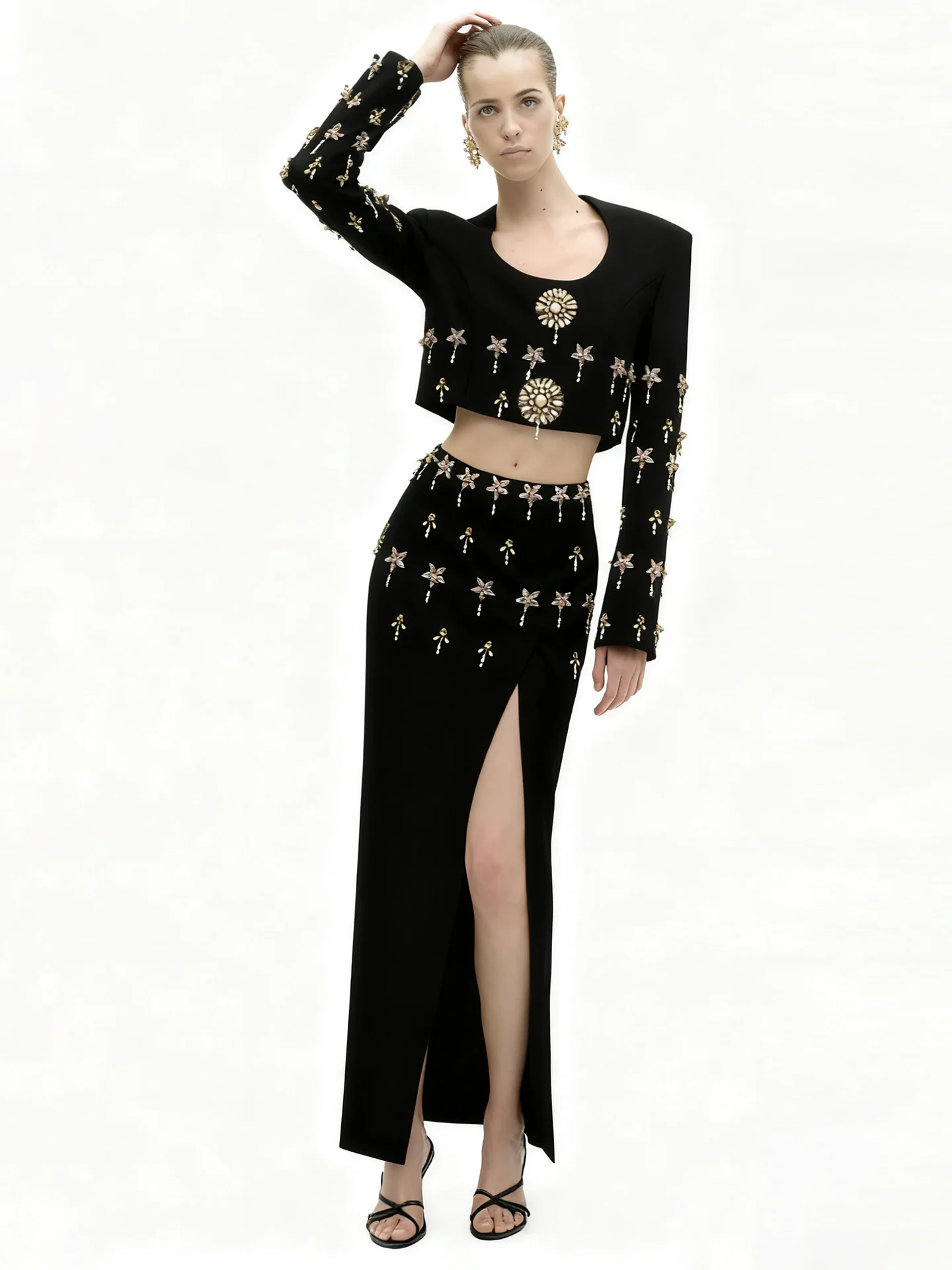 VGH Fashion High End New Heavy Embellished Long Sleeve Top with Split Skirt Set Diamond Embedded Elegant European Style Women...