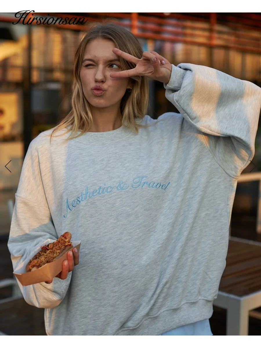 

Hirsionsan флисовый свитшот с круглым вырезом «Aesthetic & Travel» с надписью Ins, женский осенний свитшот 202, новое поступление
