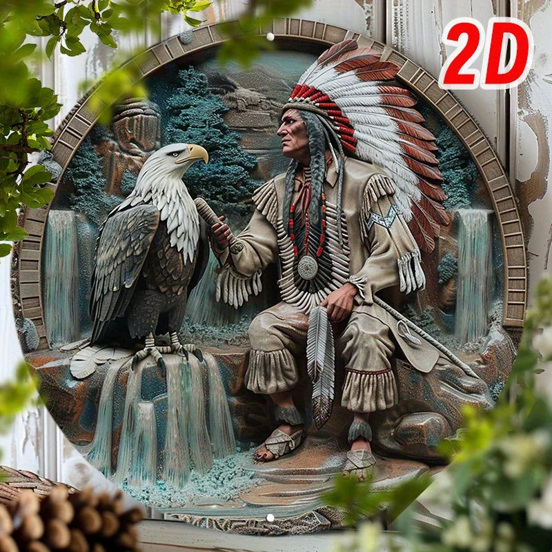 Native American Style Eagle & Indian Aluminum Art Sign - 1pc 8\