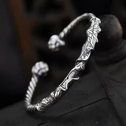 Vintage Engraved Lotus Flower Bracelet Men Creative and Romantic Glossy Bangles 925 Silver Refreshing Jewelry Opening