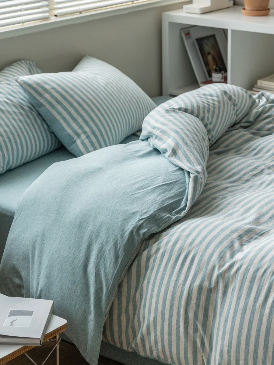 Xiao Jing Family Simple Stripe Knitted Cotton Four-Piece Bedding Set Pure Cotton Bedding Can Be Used for Naked Sleep