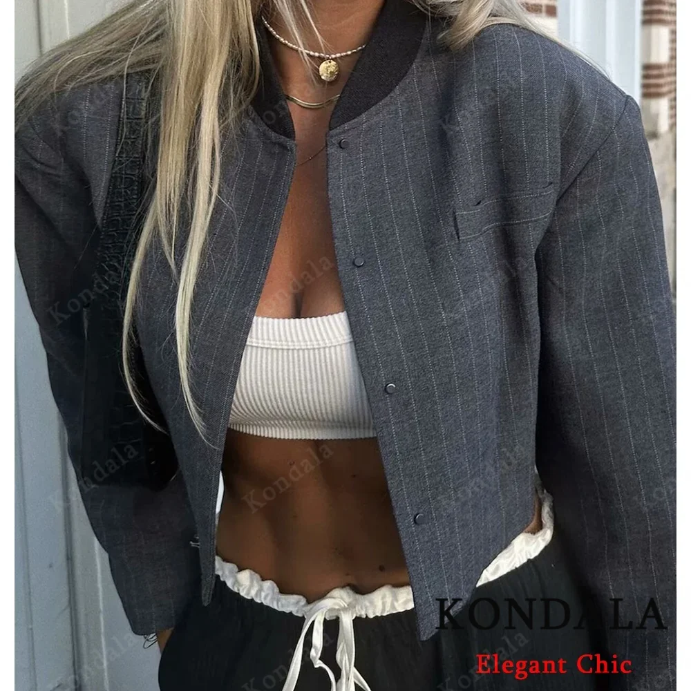 

KONDALA Classic Casual Striped Blazer Women's O-Neck Concealed Snap Button New 2025 Spring Fall Office Lady Daily Short Blazer