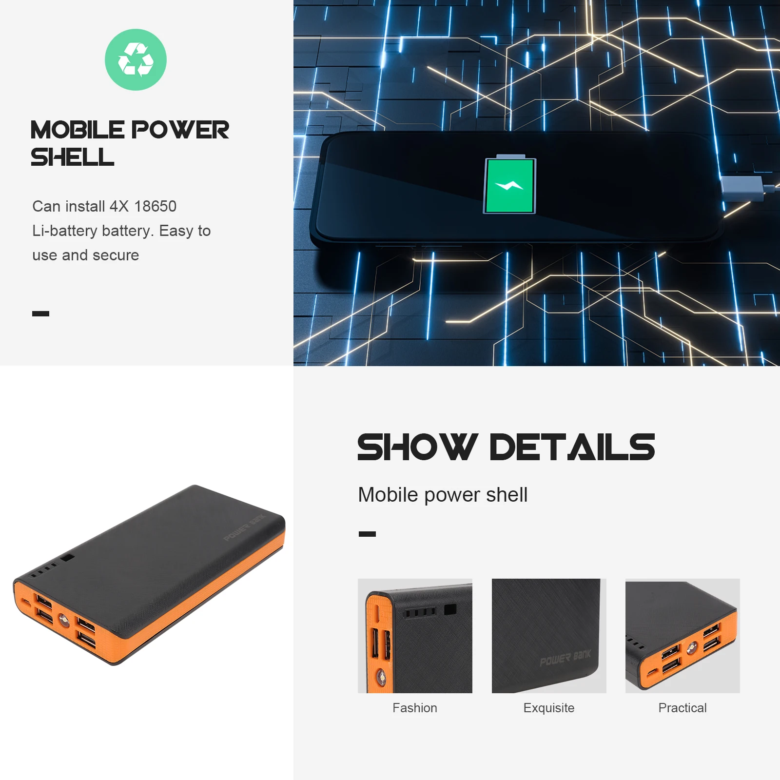 

Portable Plastic Pack 6x18650 Power Bank Case Four USB Ports External Backup Shell Box and Power Bank Module Boa