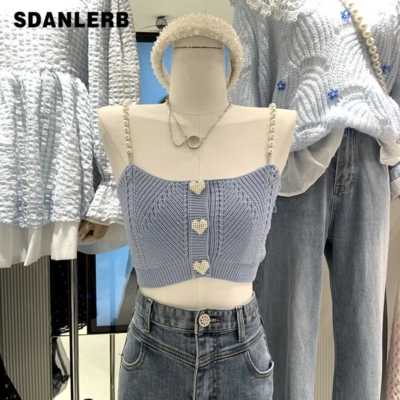 

Pearl Knitted Vest Women's Early Autumn Summer Outerwear Crop Top Inner Wear Solid Color Bottoming Shirt Short Small Sling