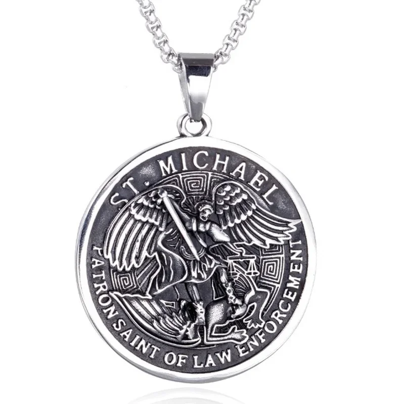 Archangel Saint Michael Round Medal Pendant Mythical Charm Men\'s Amulet Necklace