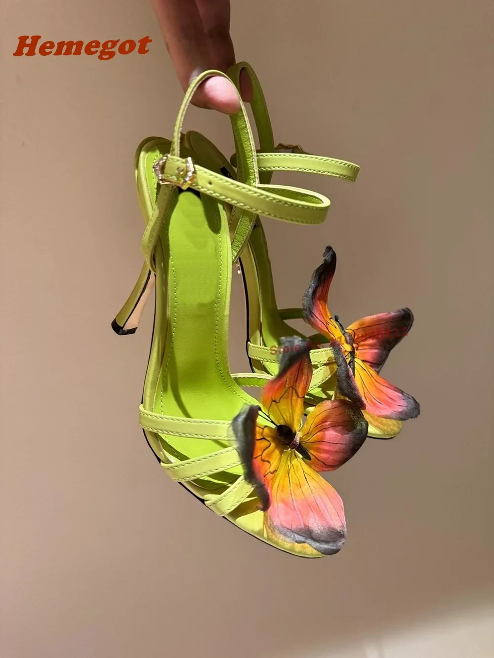 Green Butterfly Slingback Sandals Open Toe Stiletto Heels Buckle Women's Sandals Luxury Cut-Out Summer Shoes Party Runway 2024