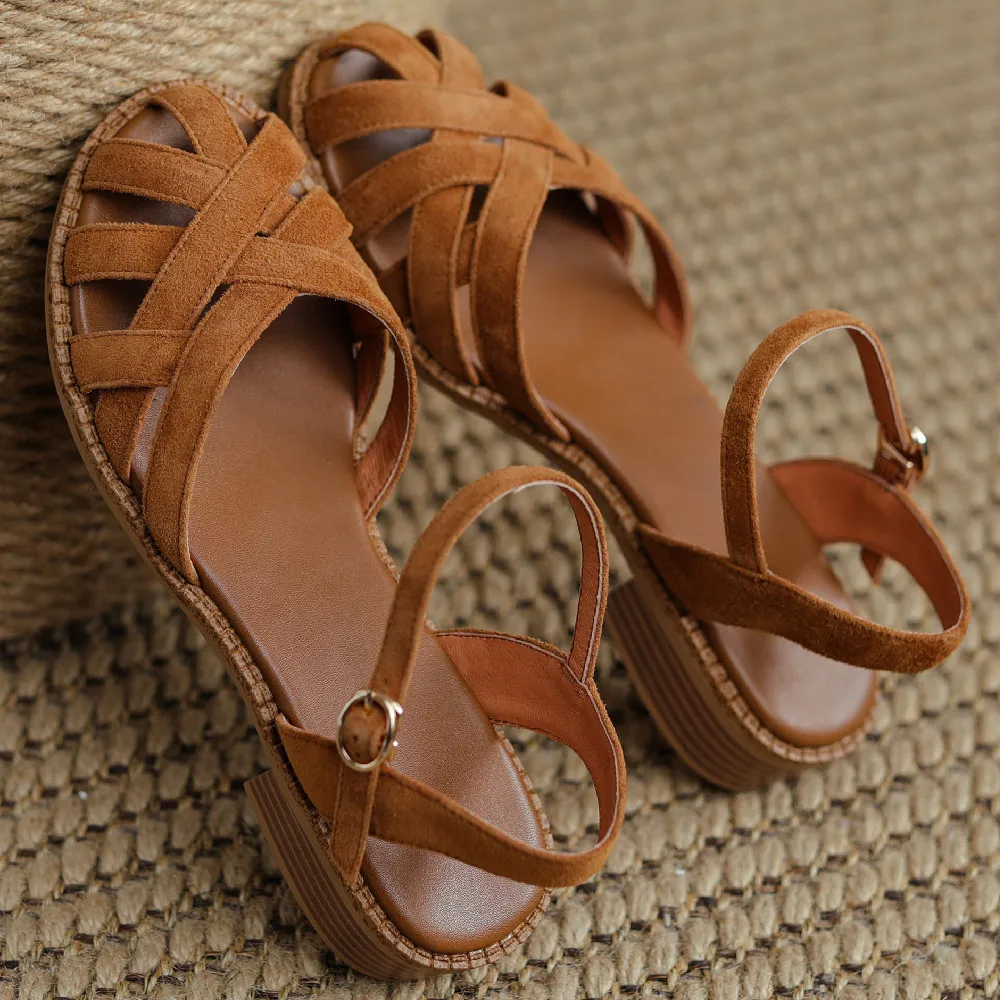 Women\'s natural suede leather round toe narrow band cross strap Braided cage Roman style flats sandals casual female daily shoes