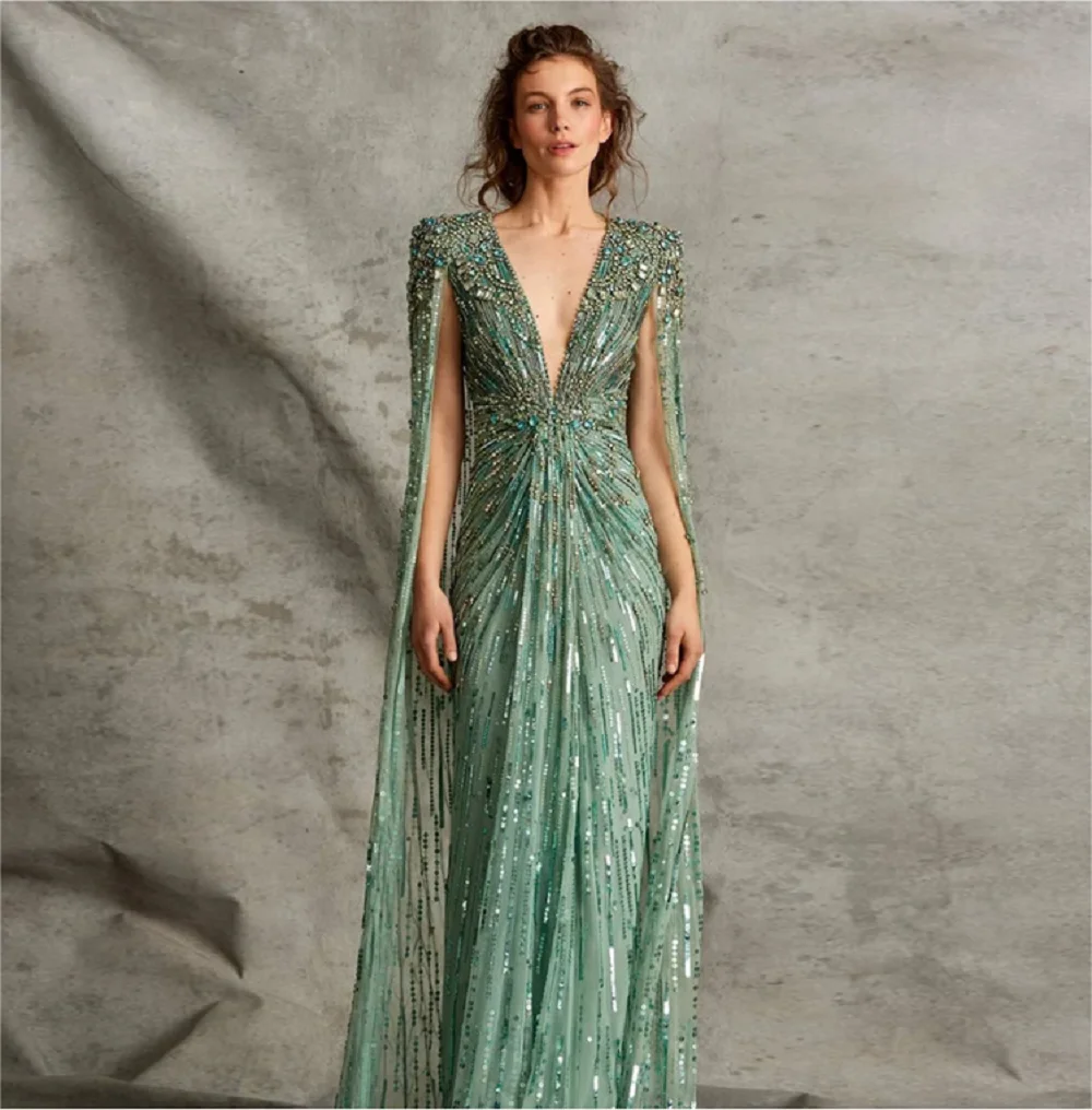 luxury evening dresses 202 Elegant Green Evening Dresses with Cape Fuchsia Crystal Gold Elegant Women Formal Party Gown