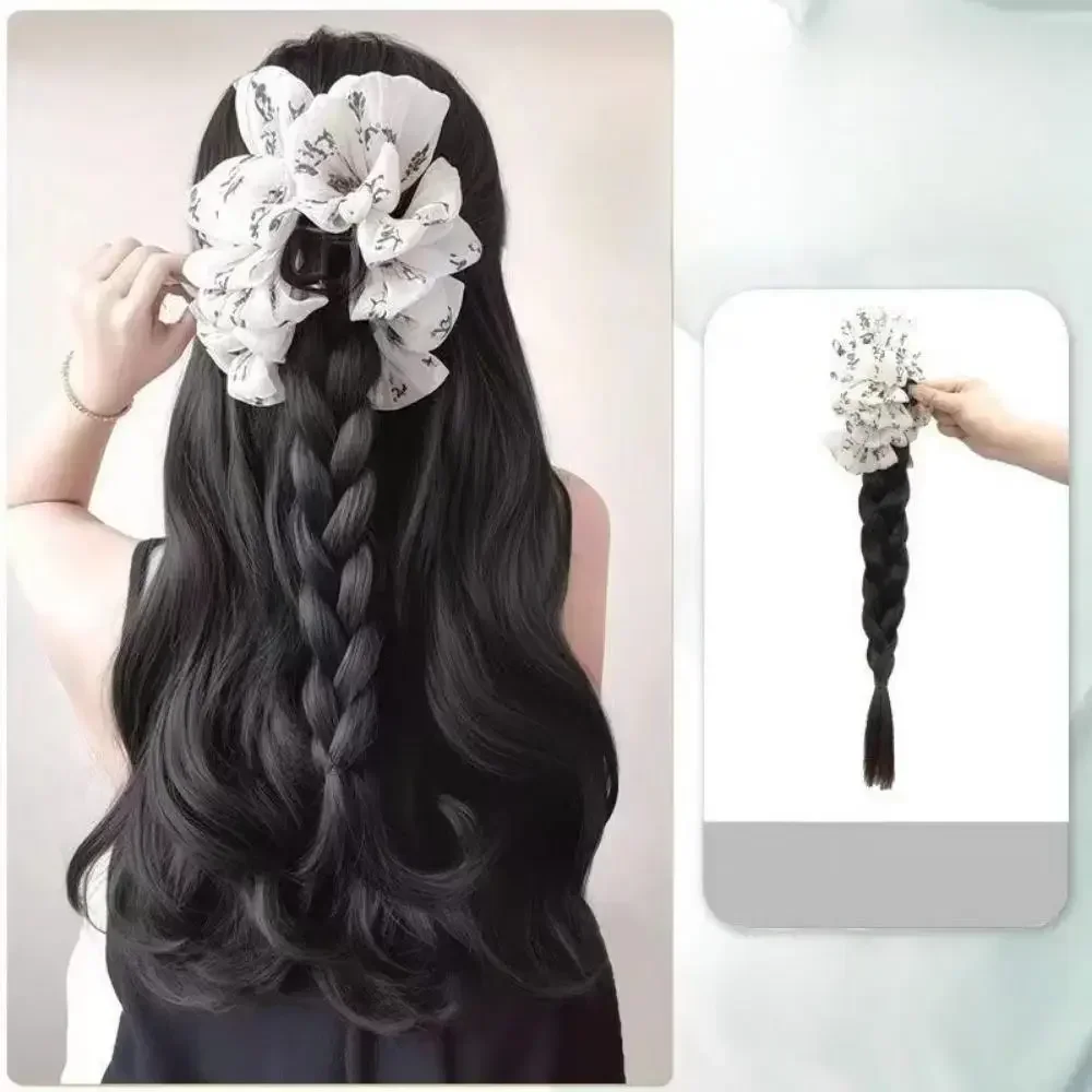 Wig sintetis gaya Cina, klip Grip Wig ekor kuda simulasi Natural kepang ekstensi rambut 40cm