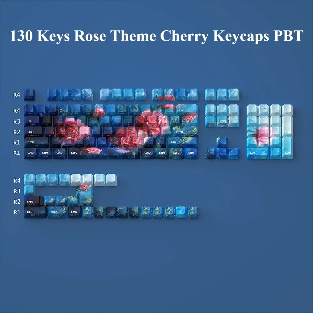 

130 Keys, Rose Theme, Cherry, Side Engraved Transparent Keycap Set PBT Blue for Mx Cherry Gateron Switch Mechanical Keyboard Kit