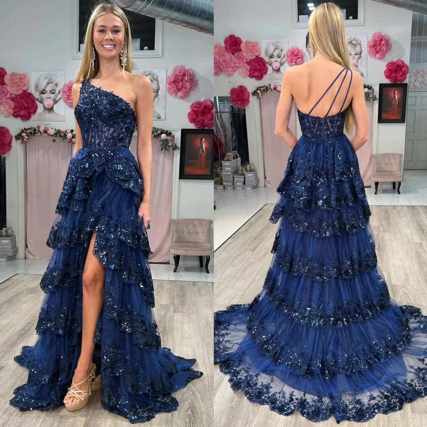 Luxury Navy Blue Prom Dresses Lace Tiered See Through One Shoulder Long Evening Party Dress Gala Women\'s Sequin Slit Formal Gown