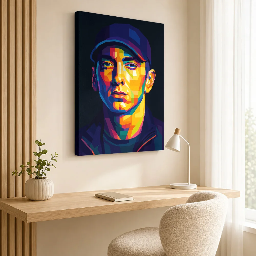Eminem Portrait Framed Canvas Print Personalized Photo Geometric Color Blocking Wall Art For Listening Lounge, Musician Gift