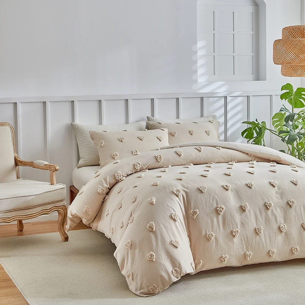 New Heart-shape Tufted Duvet Cover Set Queen Solid Color Tufting Comforter and Pillowcases Soft Skin-Friendly Quilt Covers King