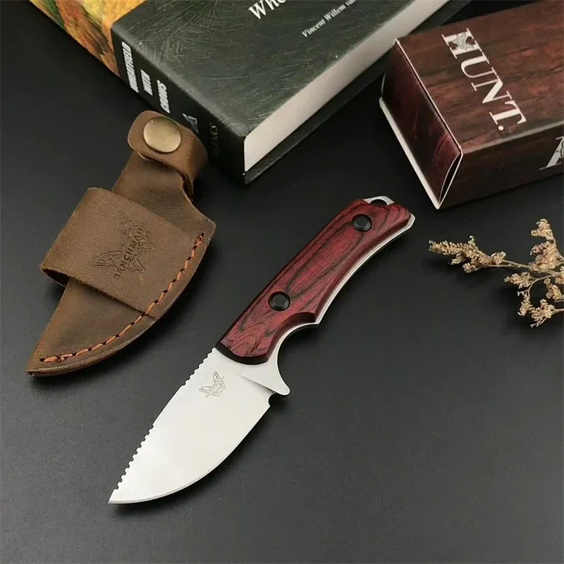 BM 15017 Pocket Fixed Blade Knife Outdoor Rescue Stable Wooden Handle 8Cr13Mov Blade Meat Cutting Hunting Bovine Spleen Sheath