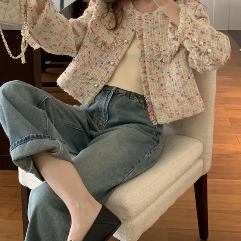 Women's Spring Autumn Cropped Tweed Jacket Rainbow Colours Coarse Weave Fringe Trim Outerwear Niche Market Chic Top