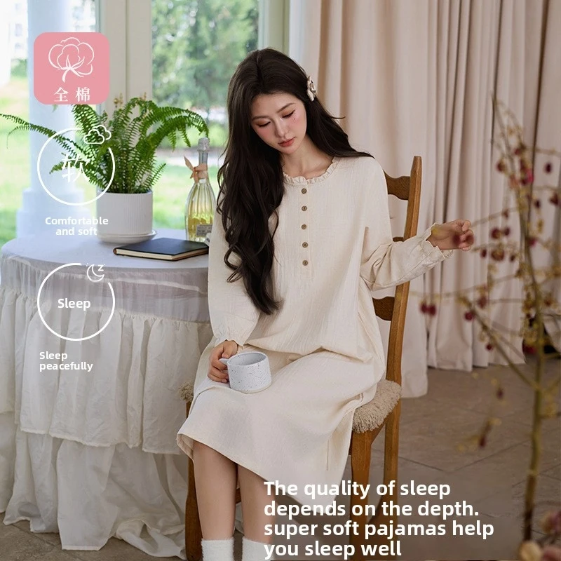 

1pc Women's Nightdress Simple Minimalist Style Cotton Linen Round Neck Long Sleeve Pullover Long Length Lightweight Wearable Out