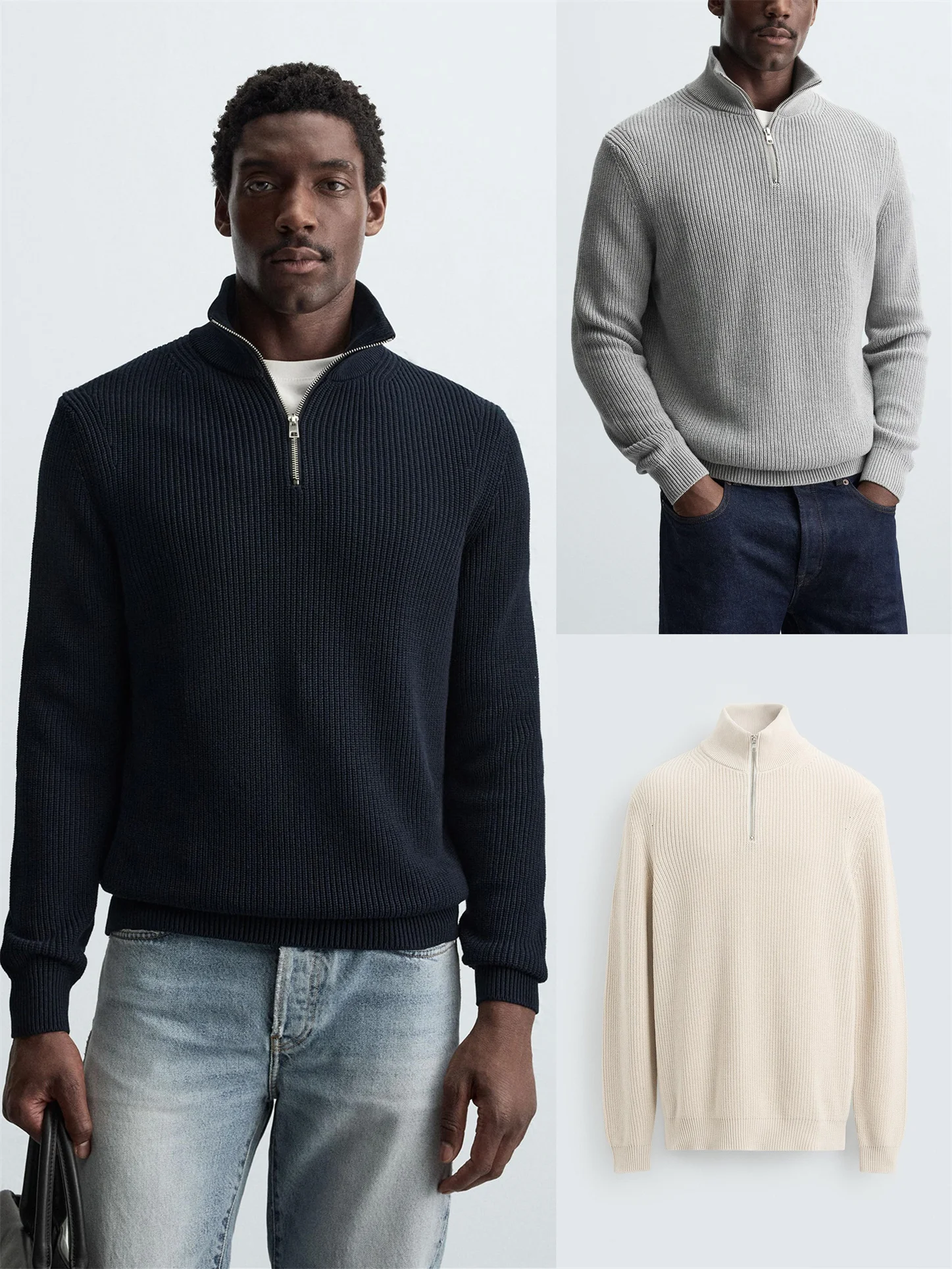 

Faionable Knitted Long Sve Cotton Ribbed Zipper Ne f High Ne Men's Casual Wear Comfortable Breathable Color