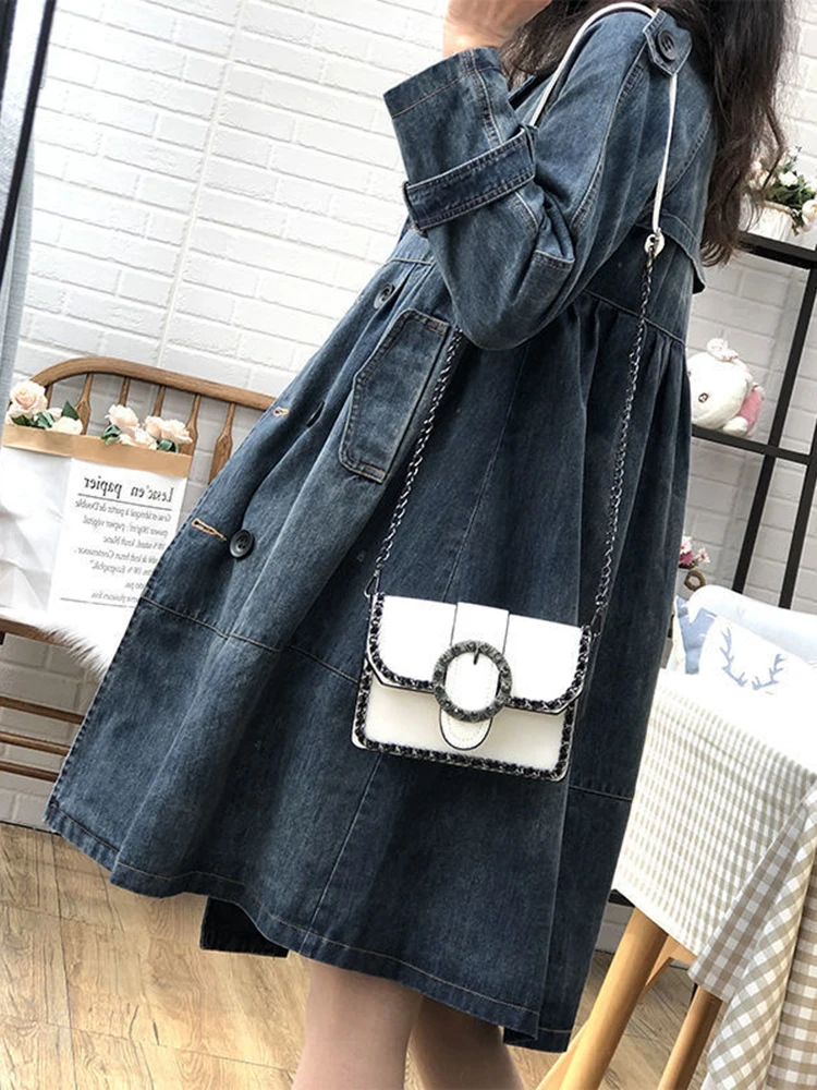 GVUW Denim Mäntel Für Frauen Revers Zweireiher Volle Hülse Mode Outwear Neue 2025, Frühjahr Weibliche Lose Kleidung 17G9196